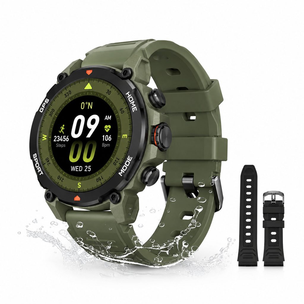 Smartwatch verde militar preto, relógio com GPS e 5ATM, comprar smartwatch, smartwatch para corrida, smartwatch para academia, relógio inteligente esportivo, smartwatch resistente à água, relógio fitness com GPS, comprar relógio inteligente